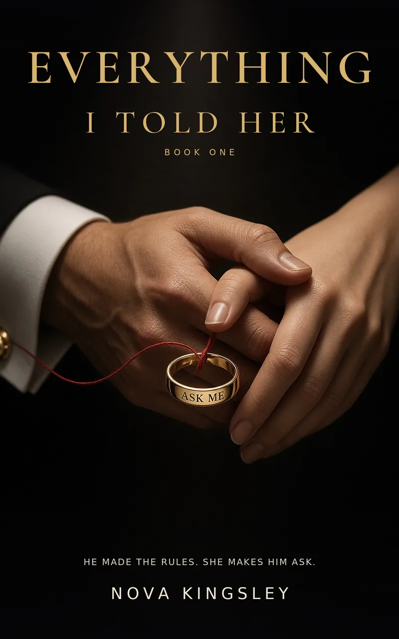 Book cover of Everything I Told Her by Nova Kingsley: a gold ring engraved ASK ME held between two hands, tied with a red thread, on black.