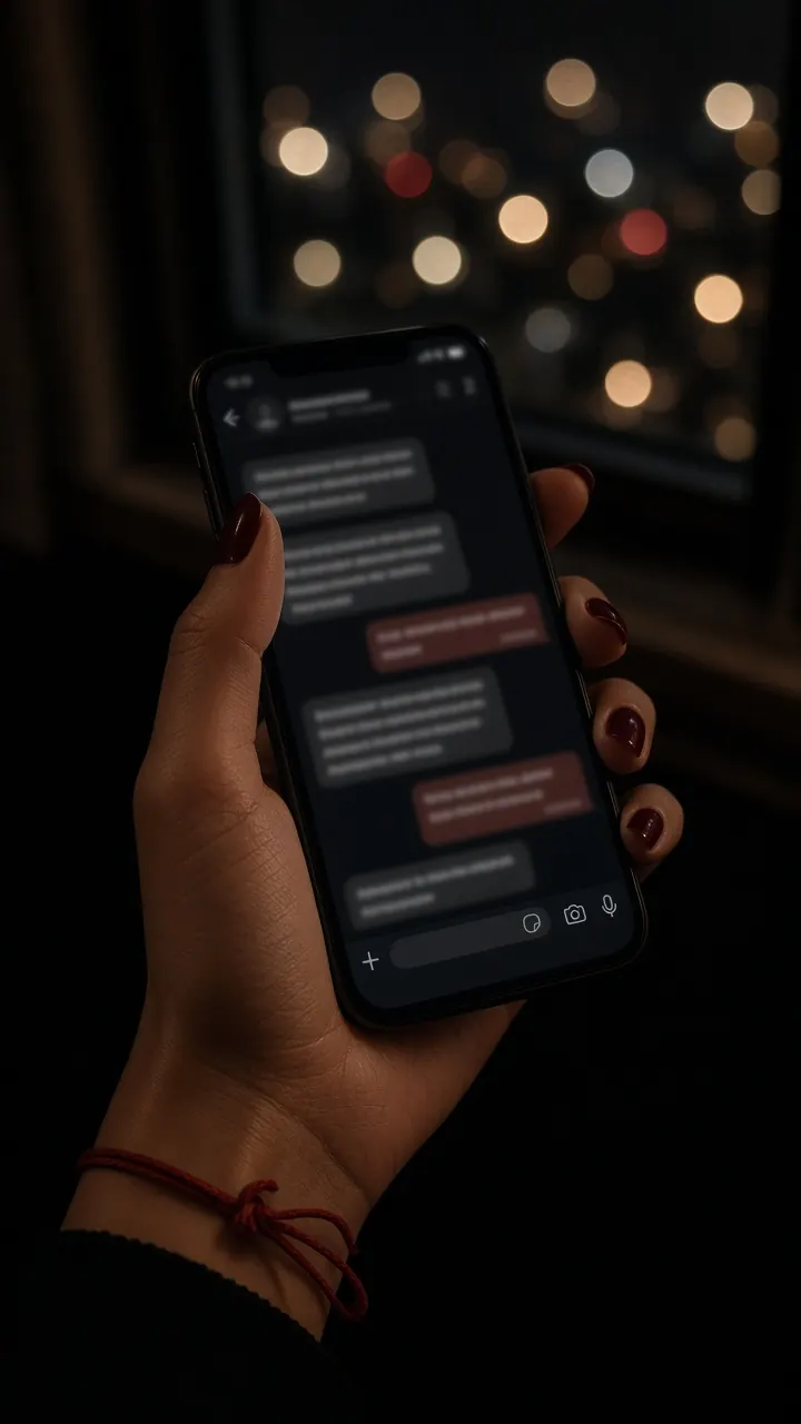 A hand holding a phone with a late-night text conversation, a red thread bracelet on the wrist.